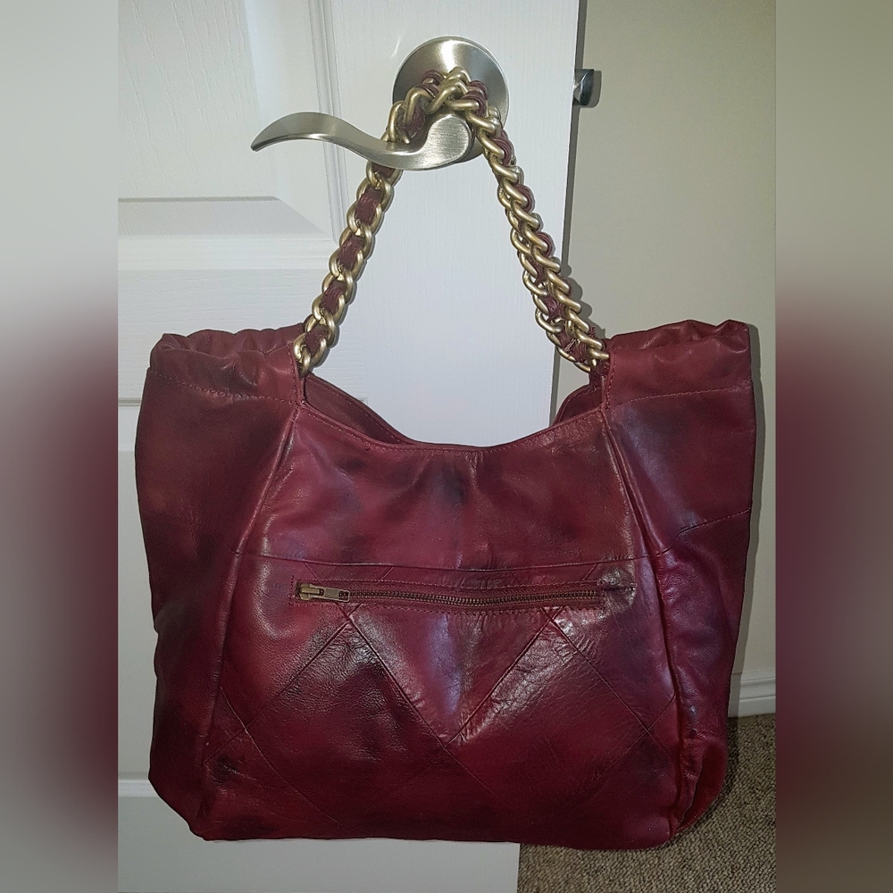 Elegant Burgundy Calfskin Leather Tote Bag